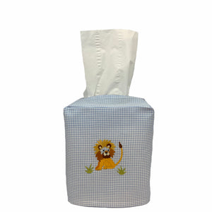 Blue Gingham Tissue Box Cover With Lion