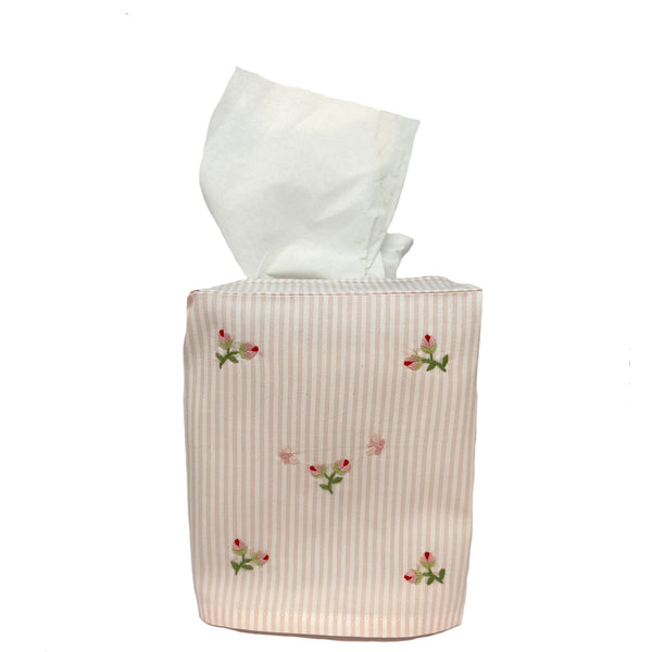 Pink Stripe Tissue Box Cover With Baby Rosebuds