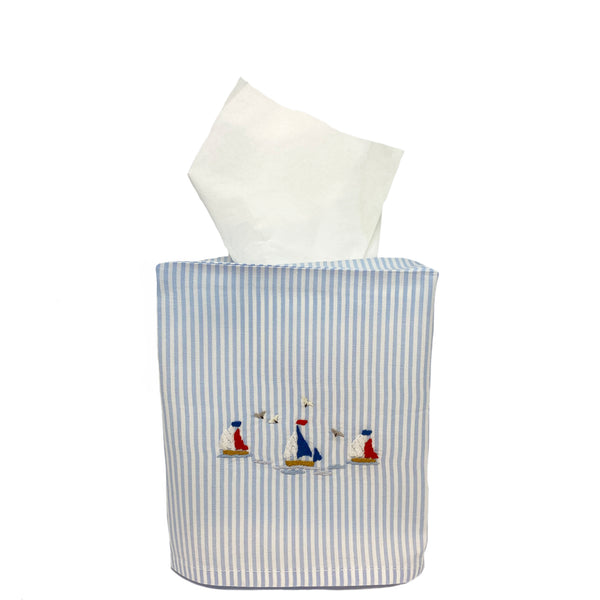 Blue Stripe Tissue Box Cover With Sailboats
