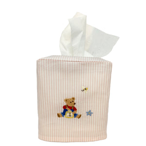 Pink Stripe Tissue Box Cover With Teddy Bear