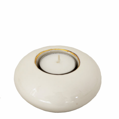 Ceramic Tea Light Holder White with Gold Trim Round