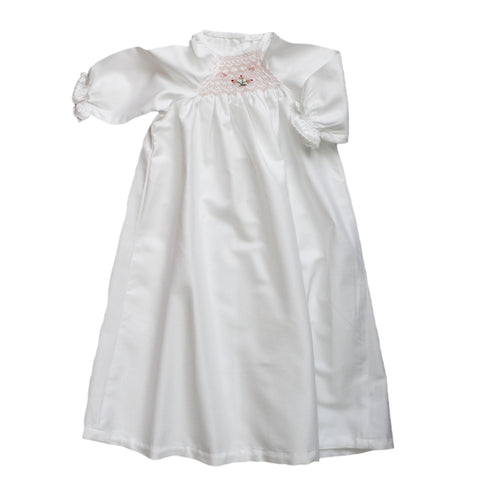 Smocked Baby Gown With Embroidered Pink Rosebuds