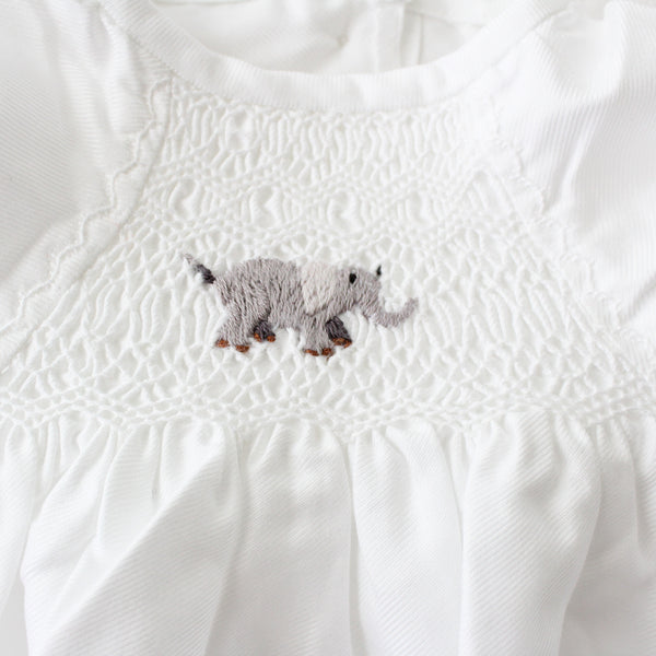 Smocked Baby Gown With Embroidered Baby Elephant