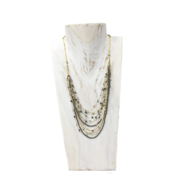 Crystal and Brass Beaded Necklace Gray and Cream