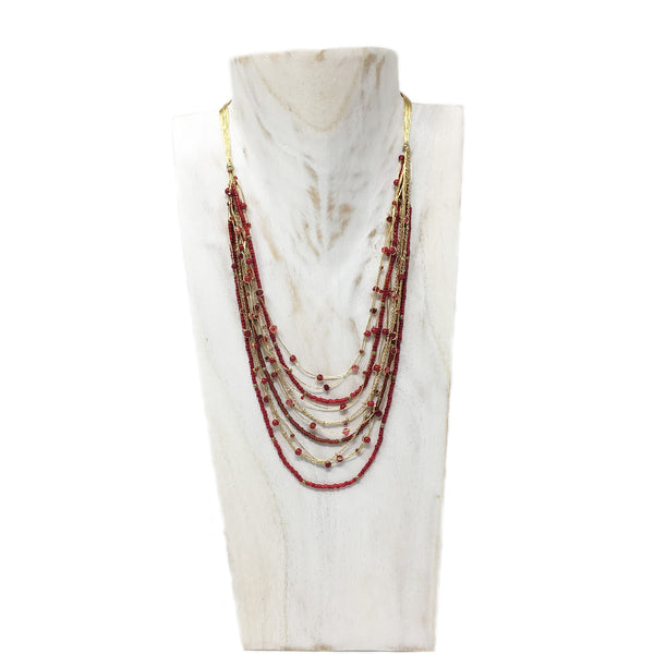 Crystal and Brass Beaded Necklace Red and Gold