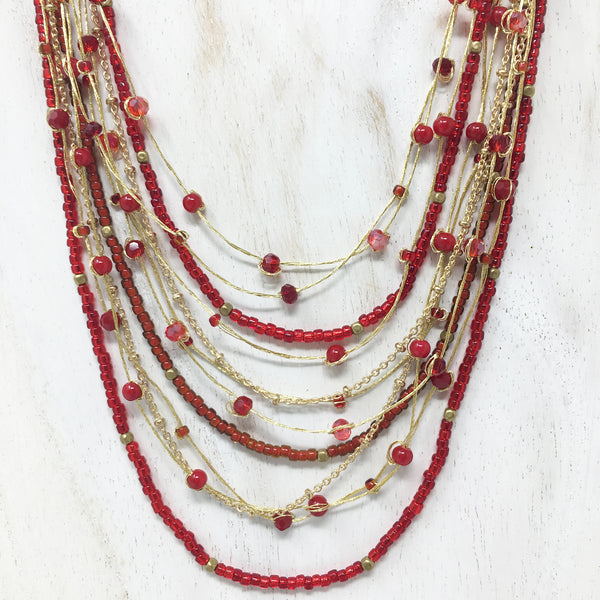 Crystal and Brass Beaded Necklace Red and Gold