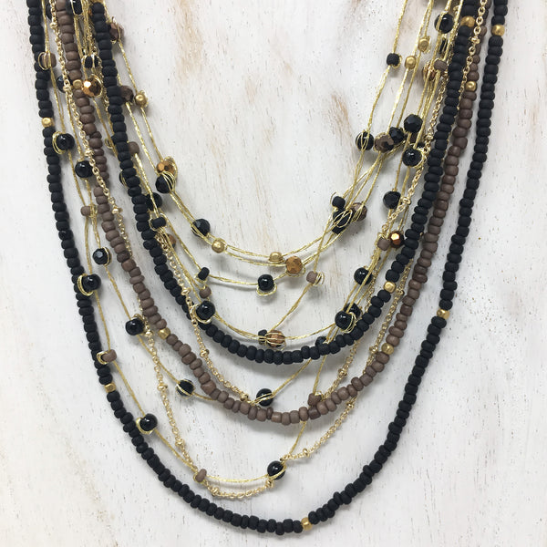 Crystal and Brass Beaded Necklace Black