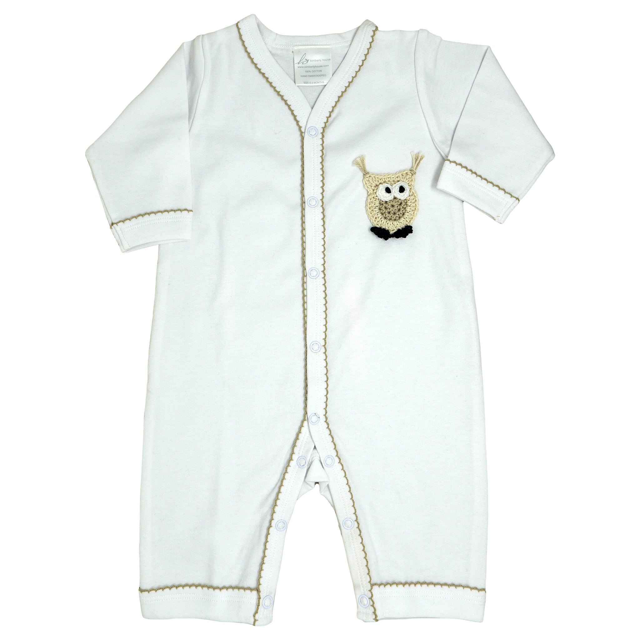 Long Body Onesie With A Beige Crocheted Owl