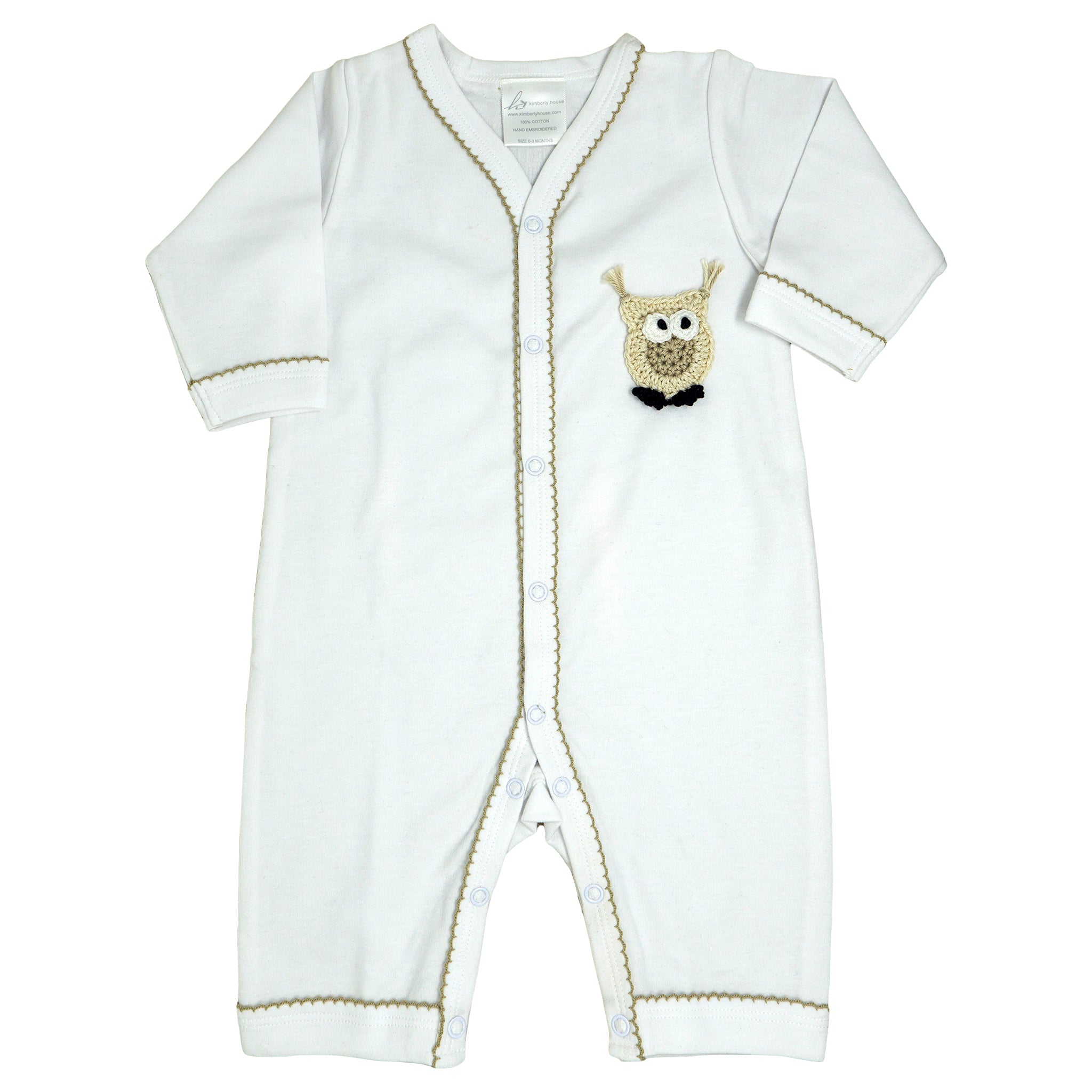 long body onesie with a beige crocheted owl
