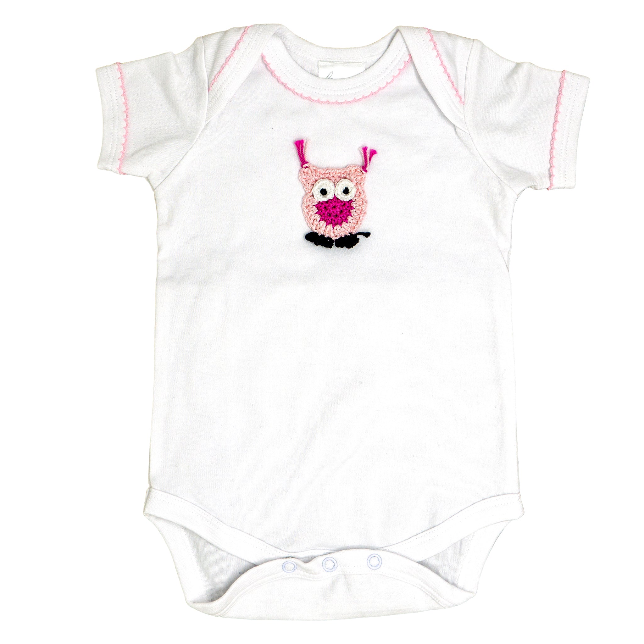 Short Body Onesie with Crocheted Pink Owl