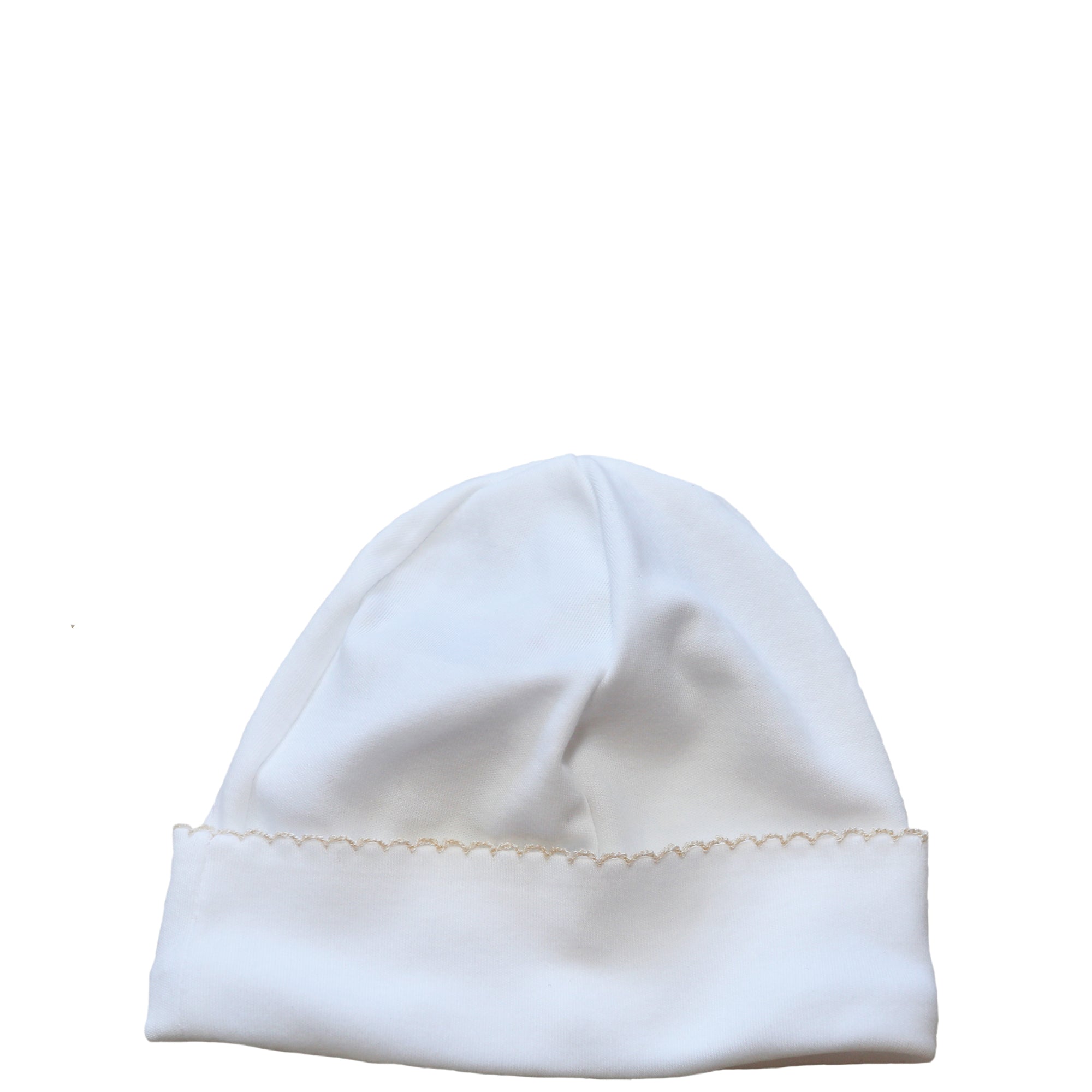 White Pima Cotton Beanie With Beige Picot Trim