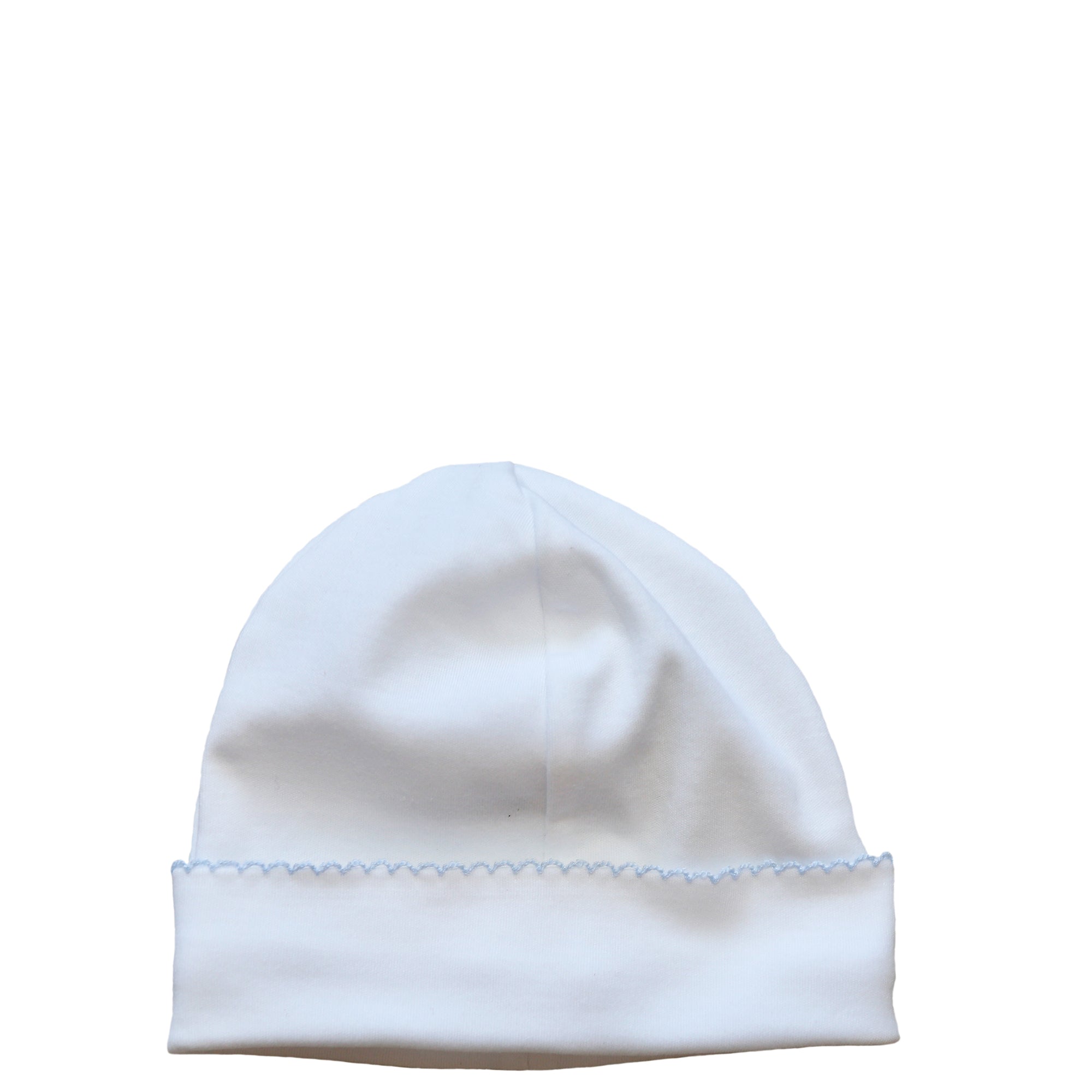 White Pima Cotton Beanie With Blue Picot Trim 