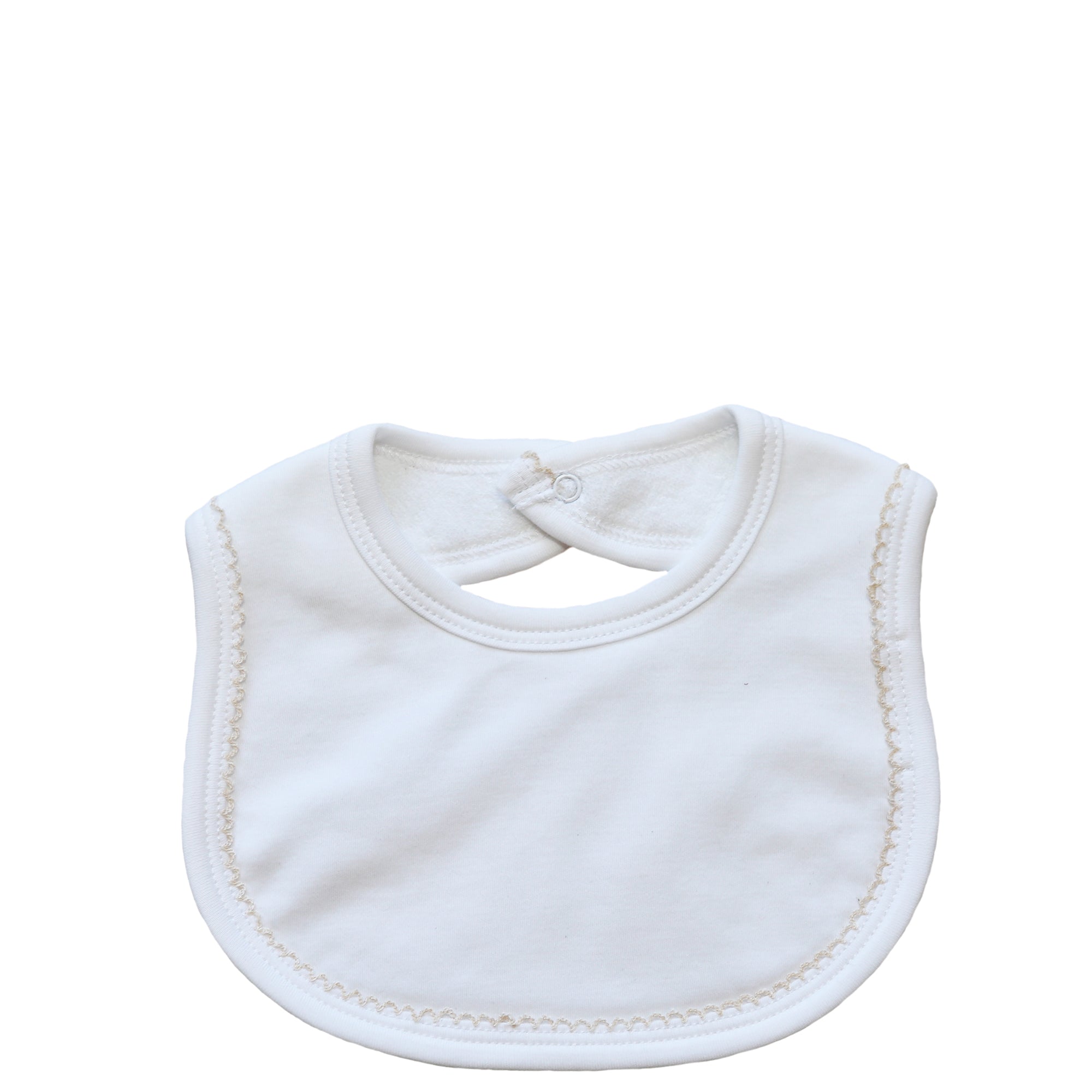 White Pima Cotton Bib With Beige Picot Trim