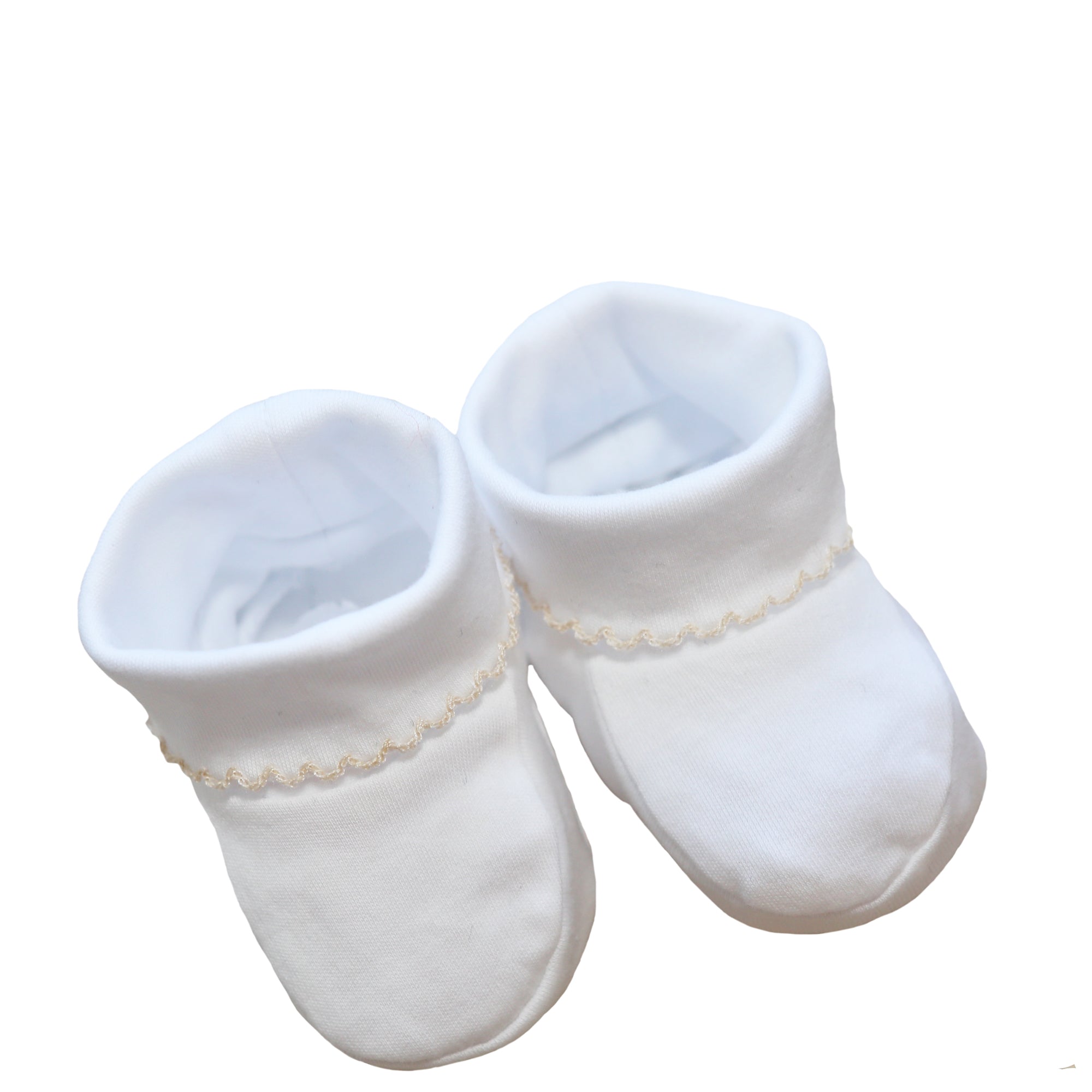 White Pima Cotton Booties With Beige Picot Trim
