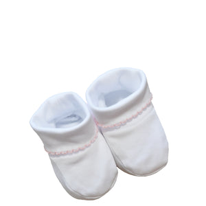 White Pima Cotton Booties With Pink Picot Trim