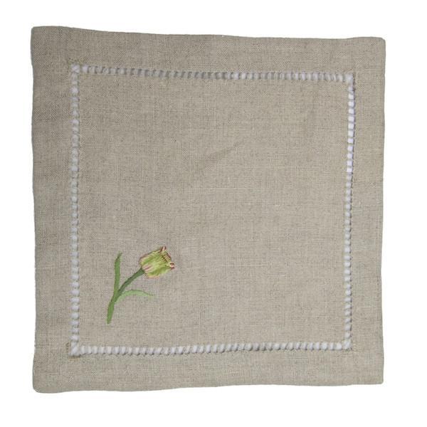 Embroidered Linen Cocktail Napkin Tulip Natural