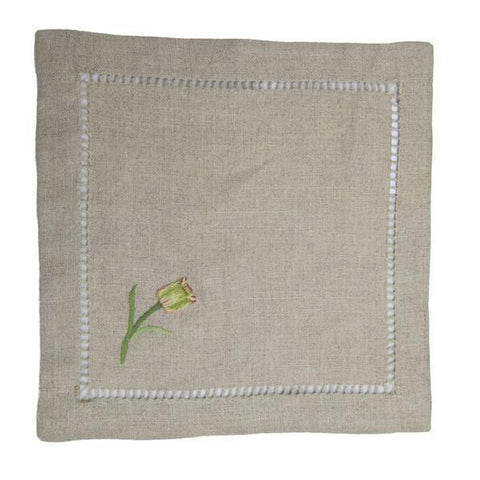 Embroidered Linen Cocktail Napkin Tulip Natural