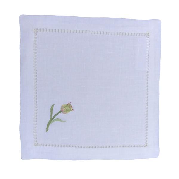 Embroidered Linen Cocktail Napkin Tulip White