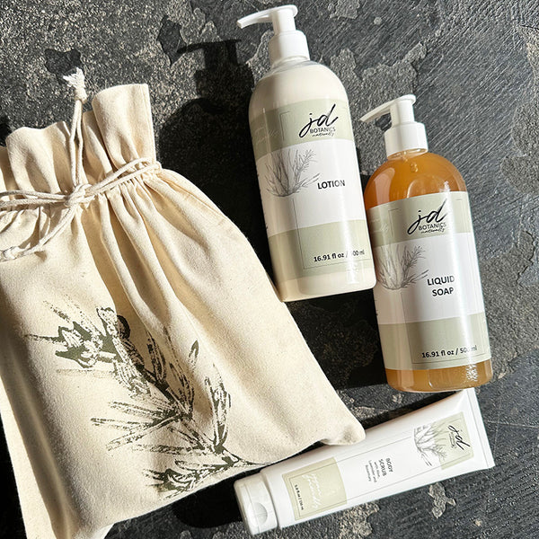 Hand Printed Gift Bag with Lotion, Scrub ad Soap