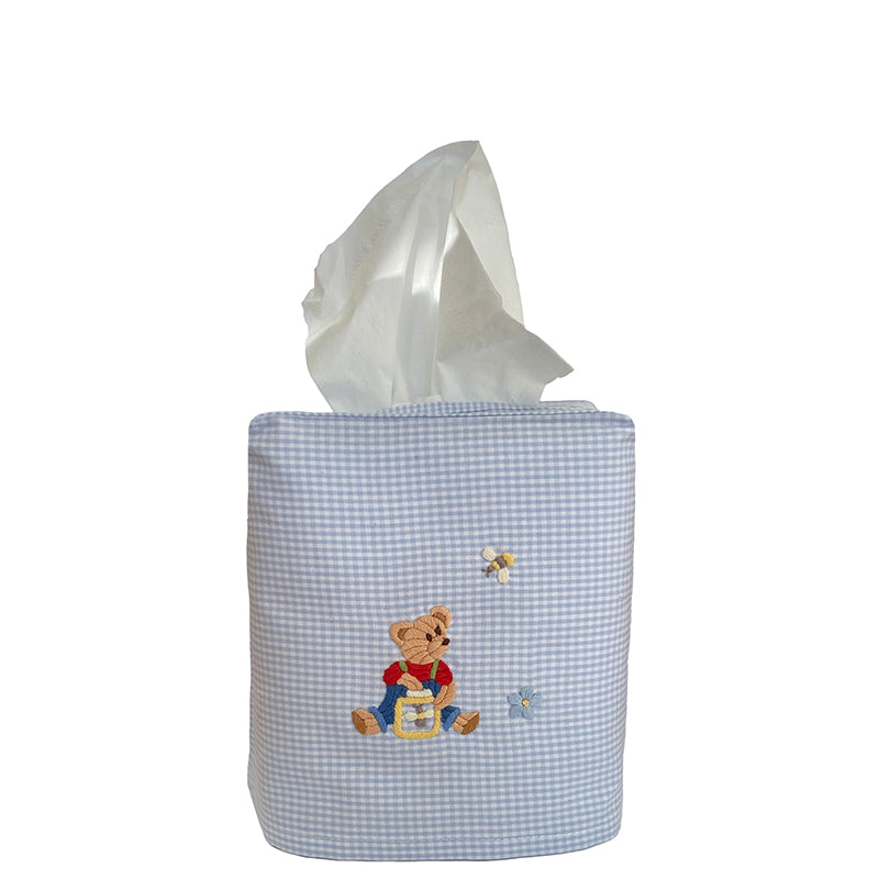 Blue Gingham Tissue Box Cover with Teddy Bear