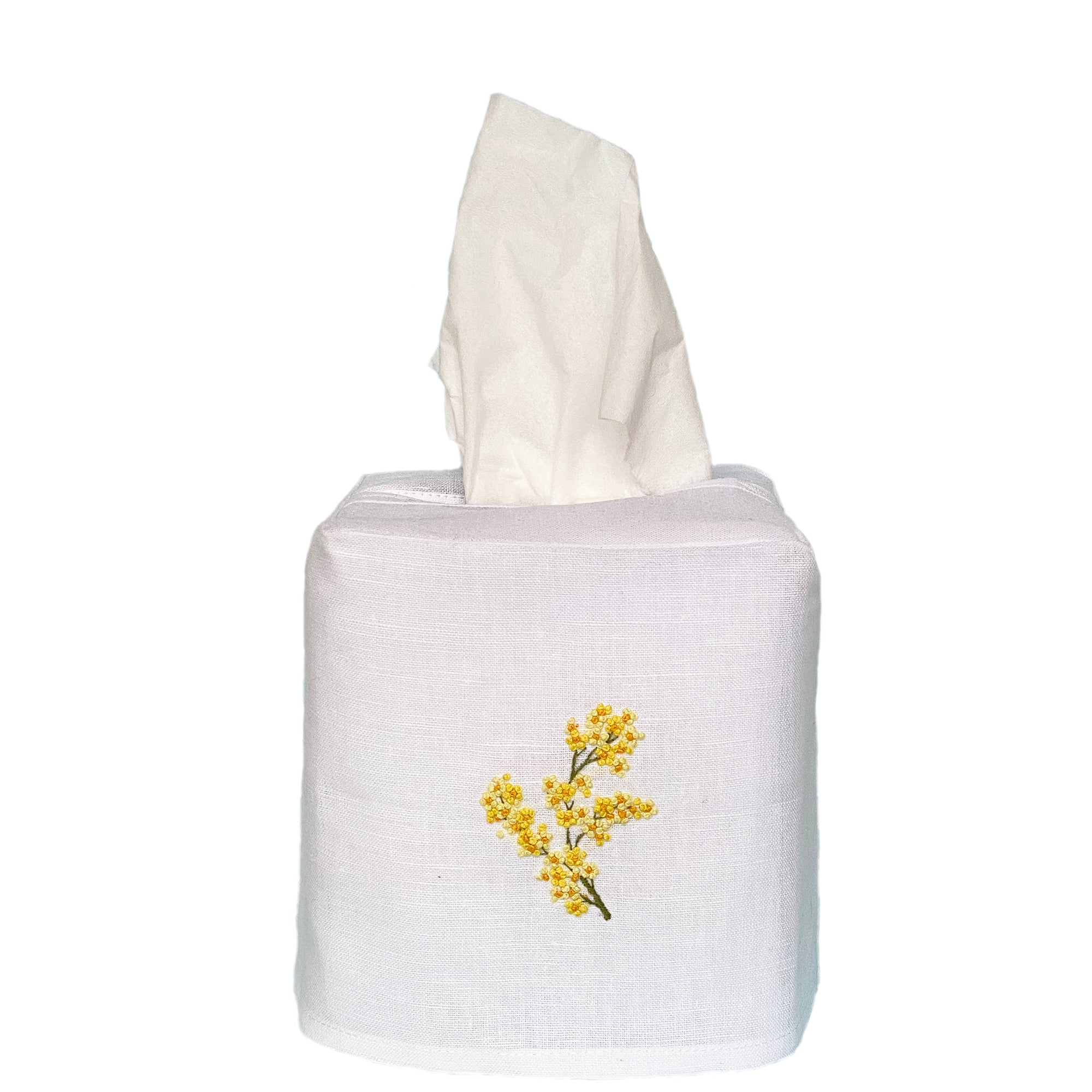 Linen Tissue Box Cover Mimosa Flower White