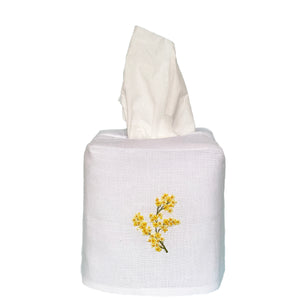 Linen Tissue Box Cover Mimosa Flower White